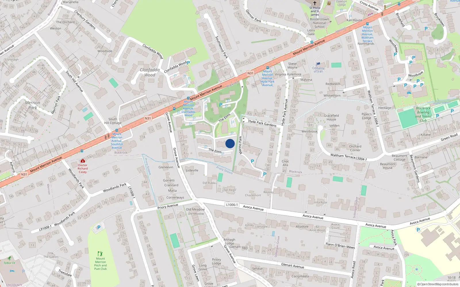 Overhead map showing the location of 55 the Elms, Mount Merrion Avenue, Blackrock