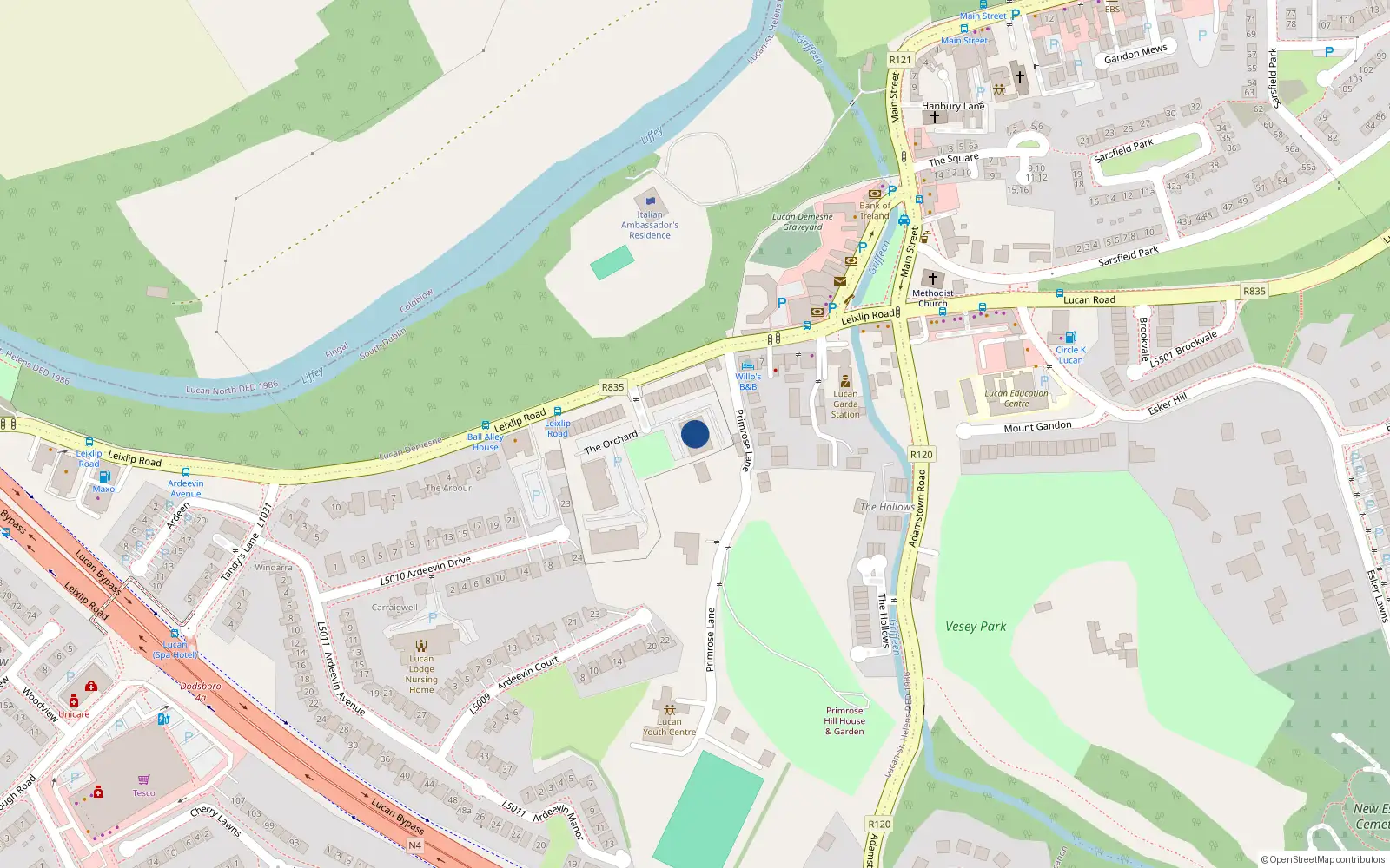 Overhead map showing the location of 55 the Orchard, Old Leixlip Road, Lucan