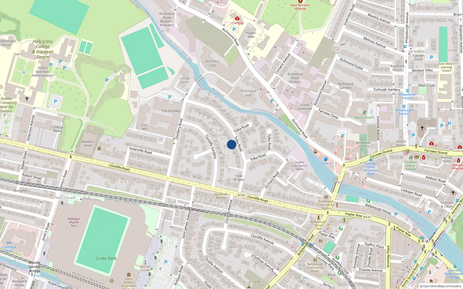 Overhead map showing the location of 55 Tolka Road, Dublin 3