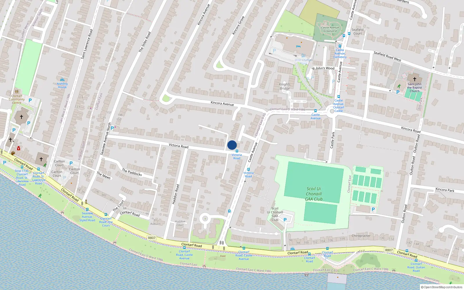 Overhead map showing the location of 55 Victoria Road, Clontarf, Dublin