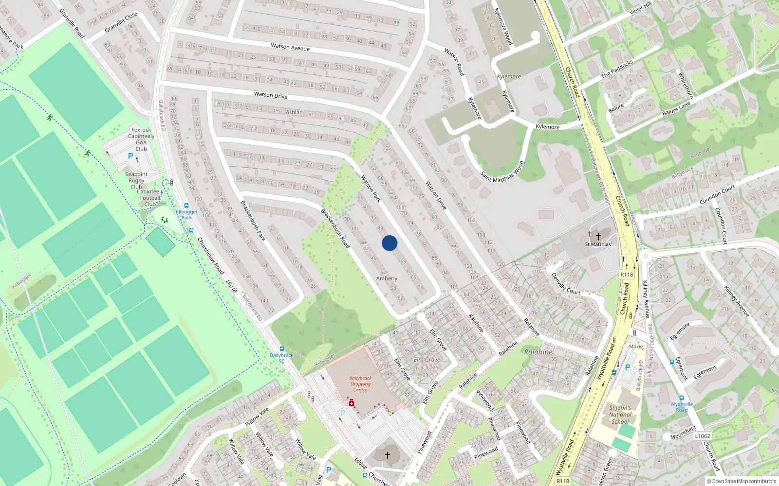 Overhead map showing the location of 55 Watson Park, Killiney