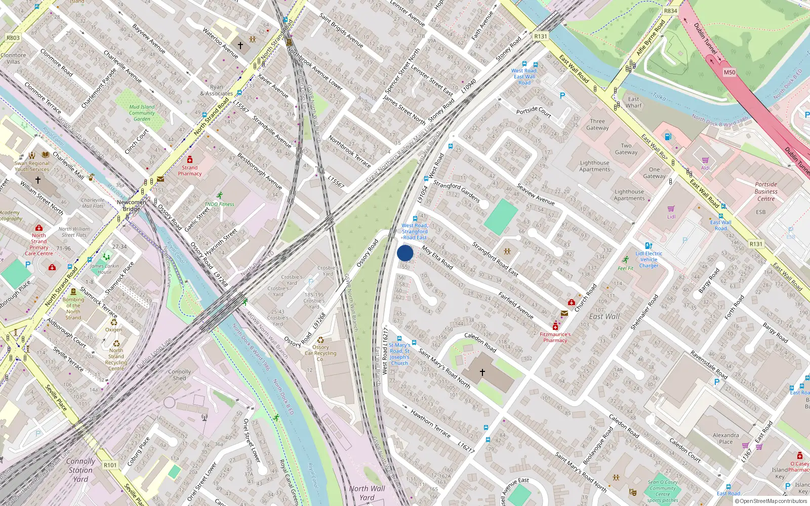 Overhead map showing the location of 55 West Road, Dublin 3