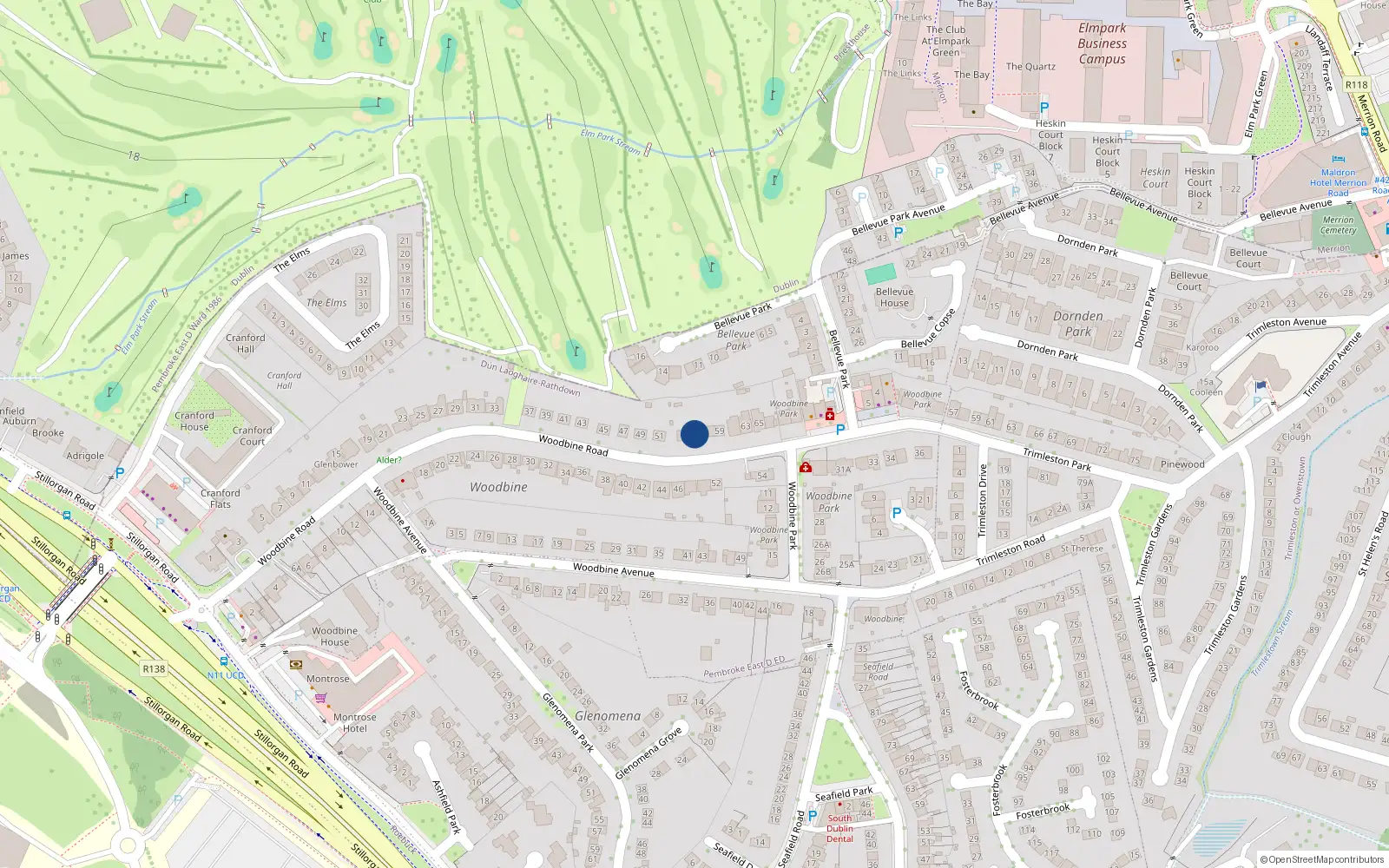 Overhead map showing the location of 55 Woodbine Road, Blackrock, Co Dublin