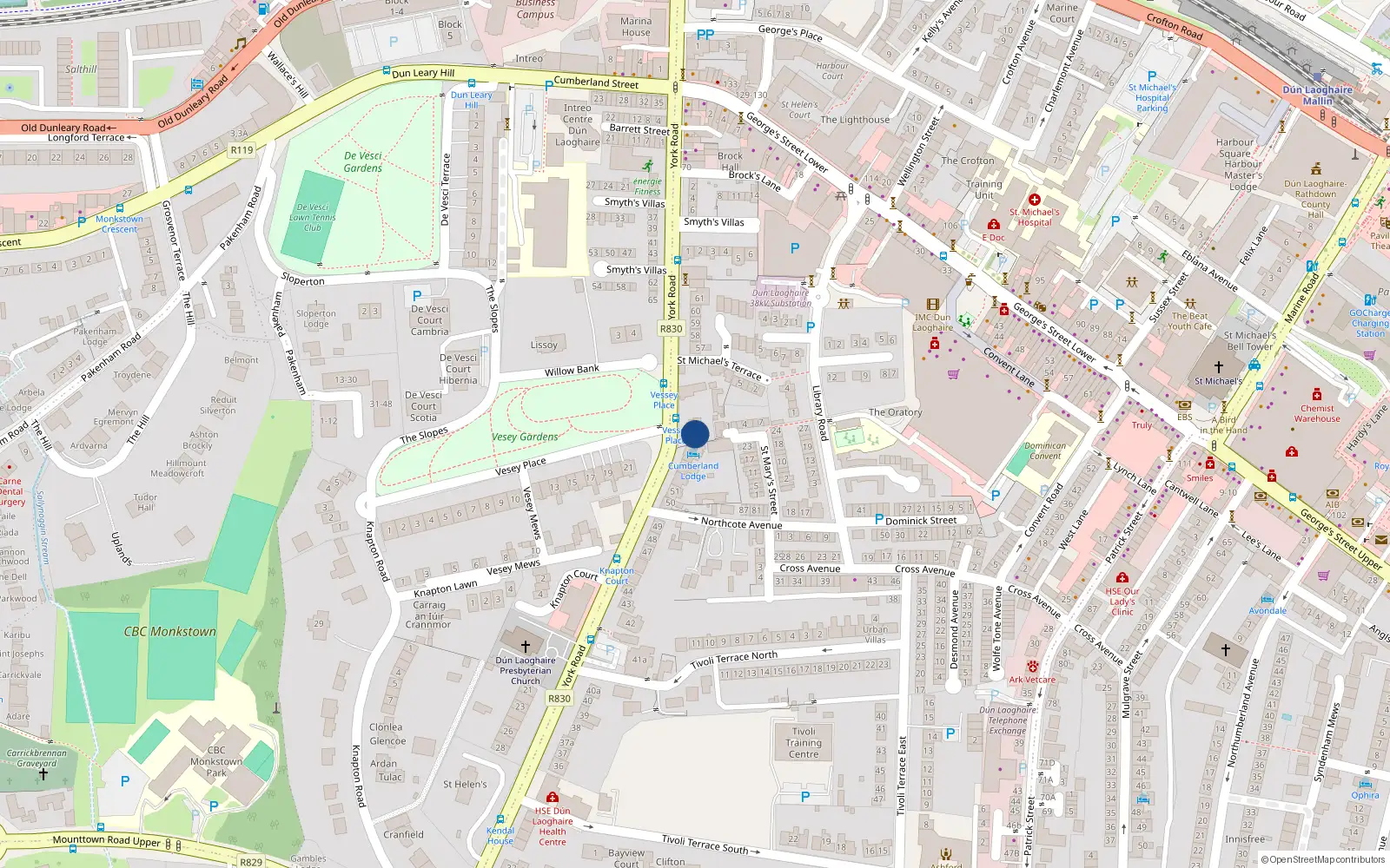 Overhead map showing the location of 55 York Road, Dublin