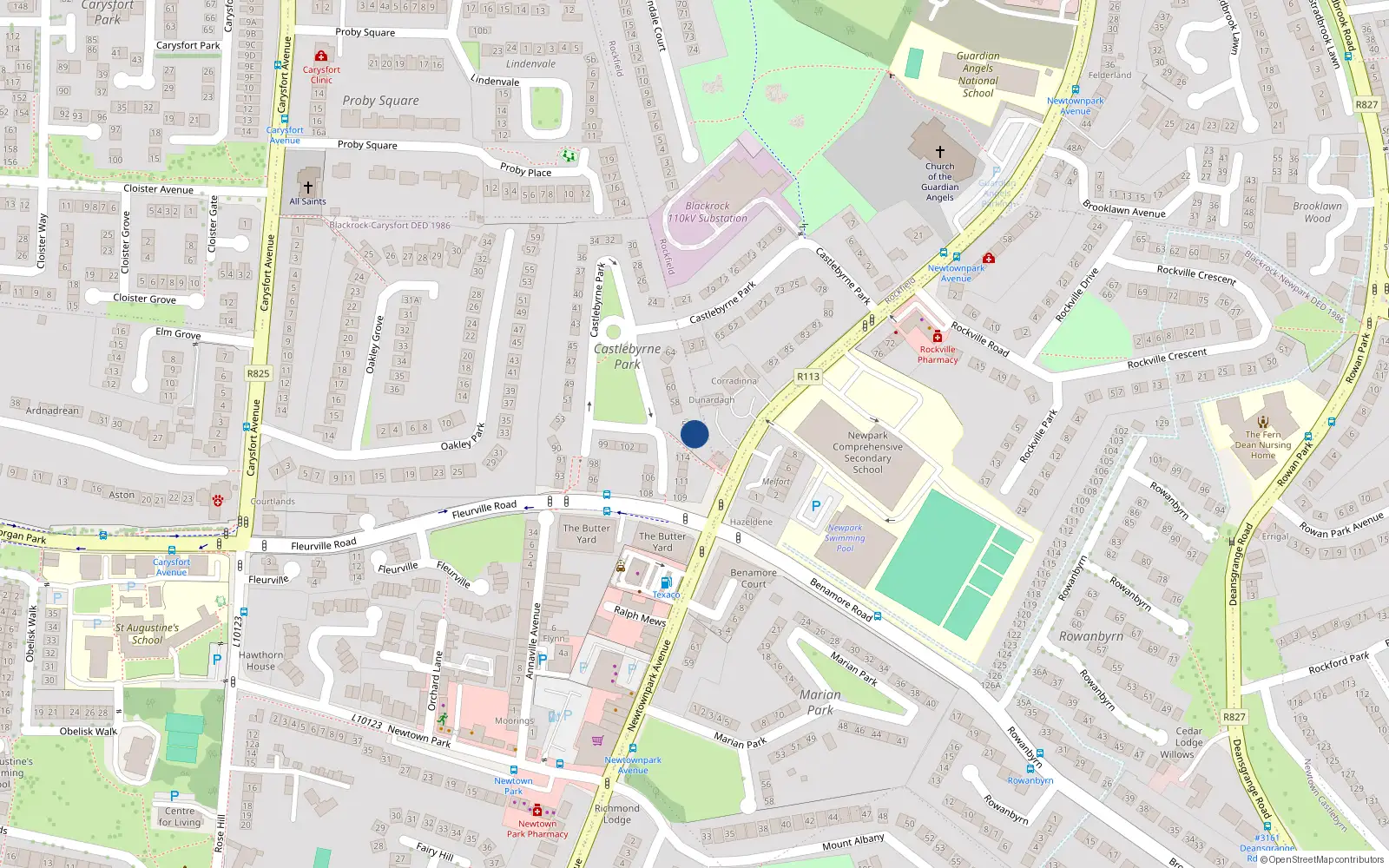 Overhead map showing the location of 55A Castlebyrne Park, Blackrock, Dublin