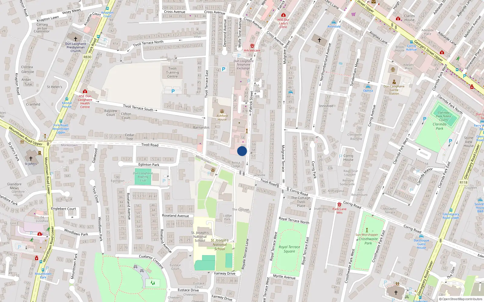 Overhead map showing the location of 55A Patrick St, Dun Laoghaire, Dublin