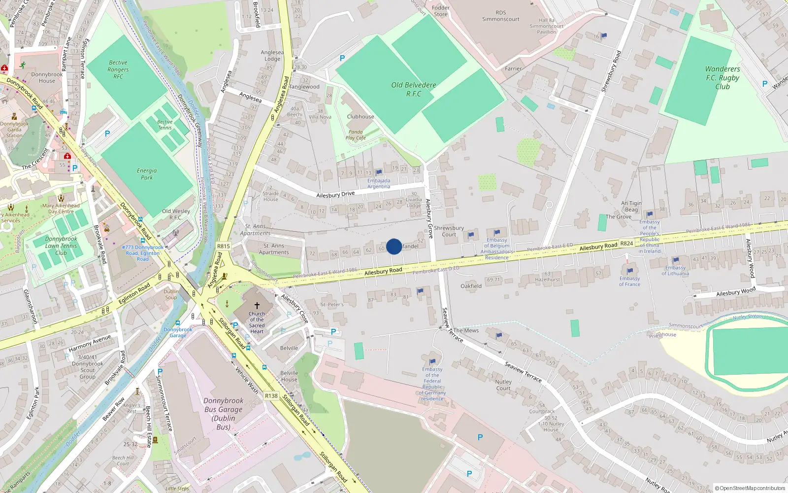Overhead map showing the location of 58/56 Ailesbury Road, Simmonscourt