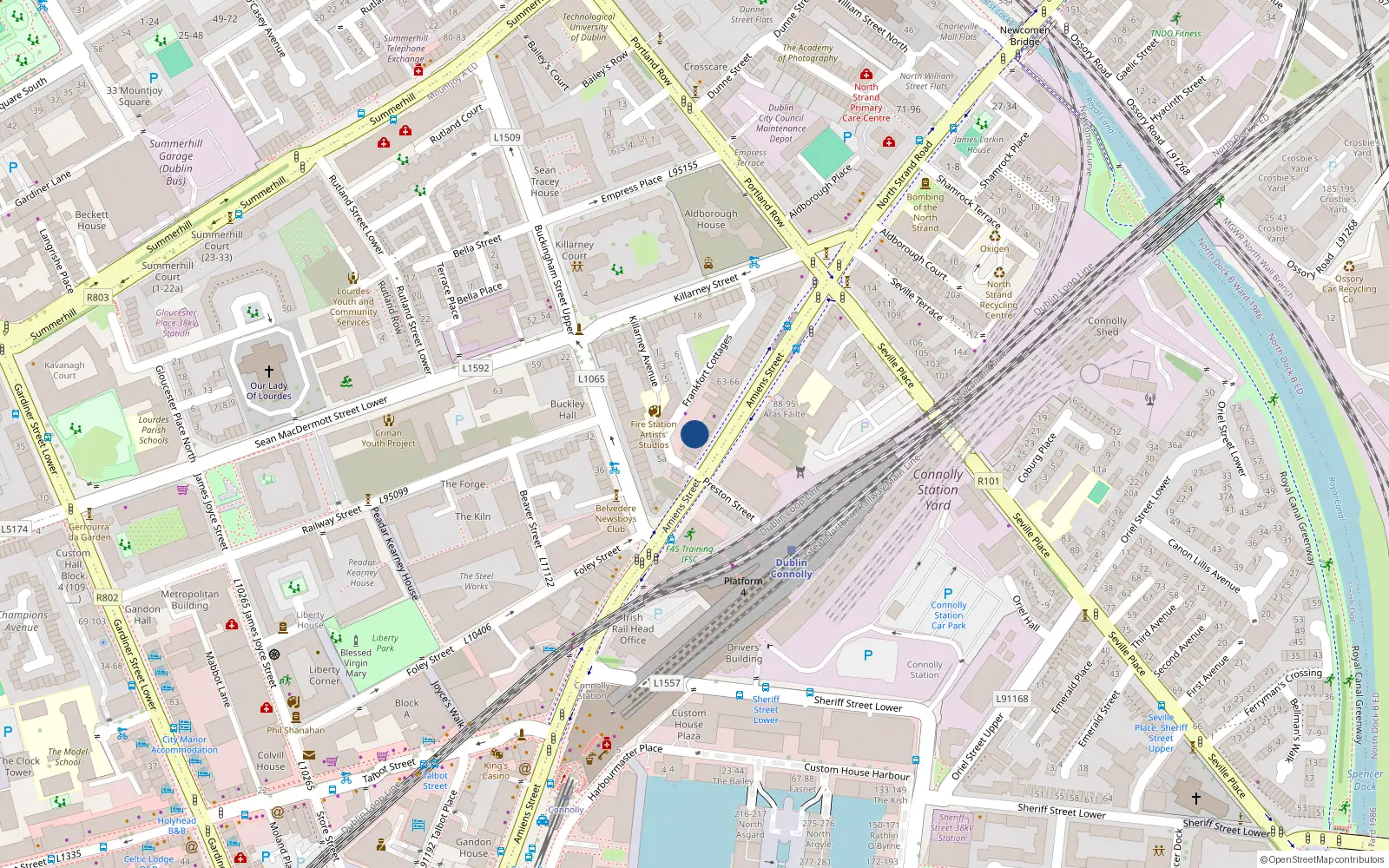 Overhead map showing the location of 56 Amiens Street, Dublin 1