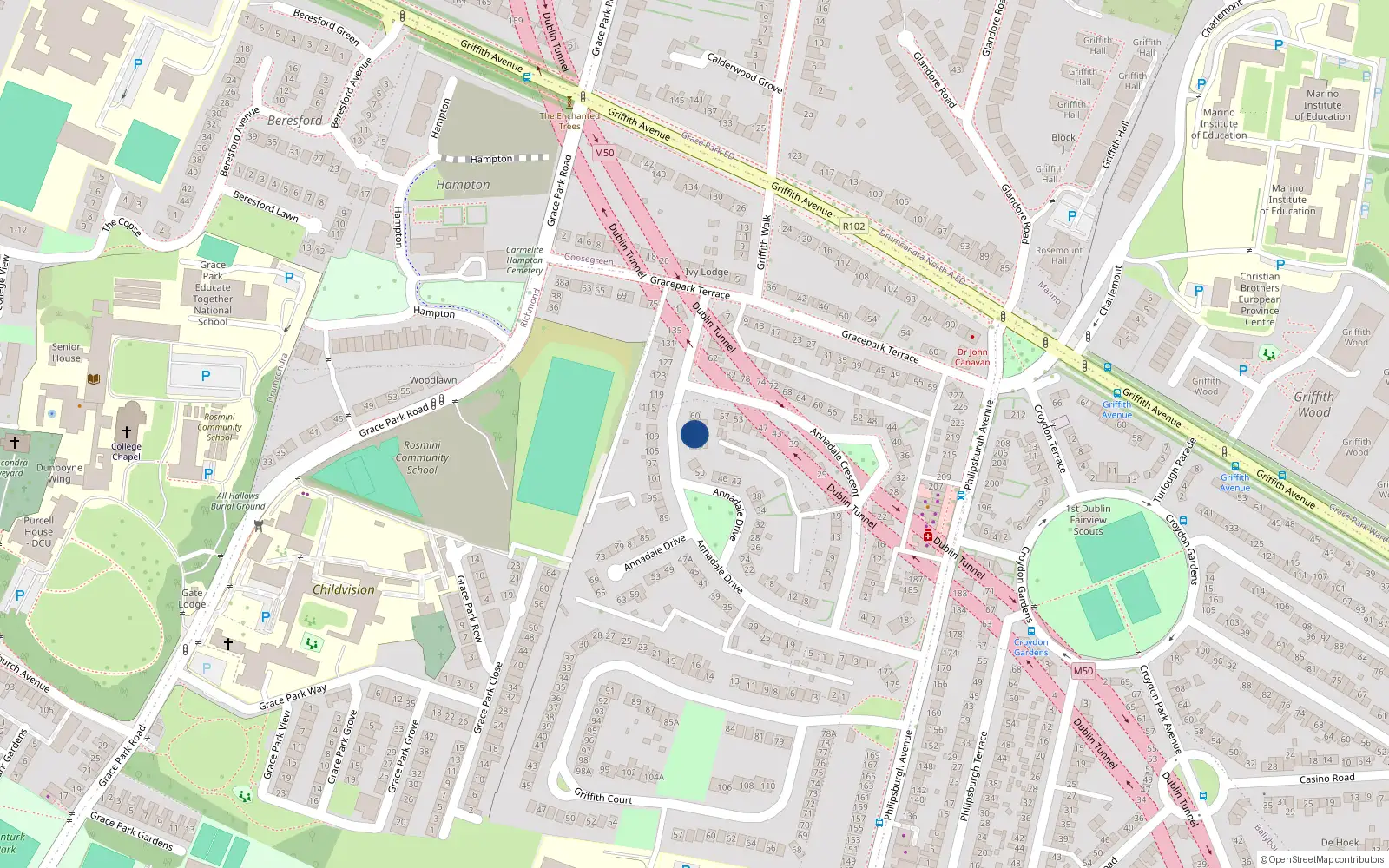 Overhead map showing the location of 56 Annadale Drive, Dublin 9