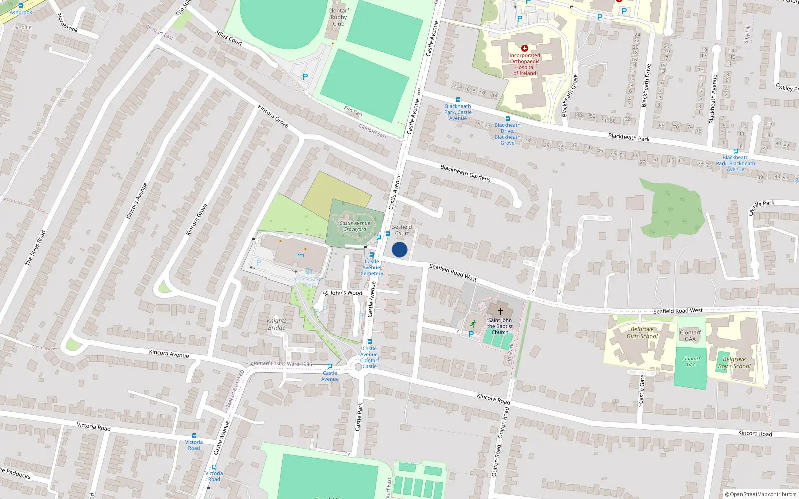 Overhead map showing the location of 56 Ascal an Chaisleáin, Cluain Tarbh, Baile Átha Cliath 3