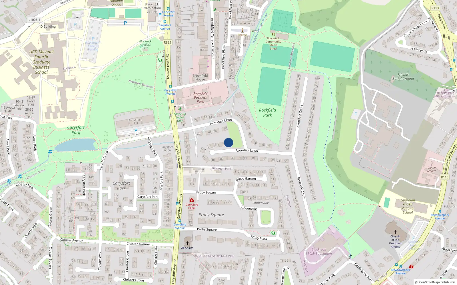 Overhead map showing the location of 56 Avondale Lawn, Blackrock