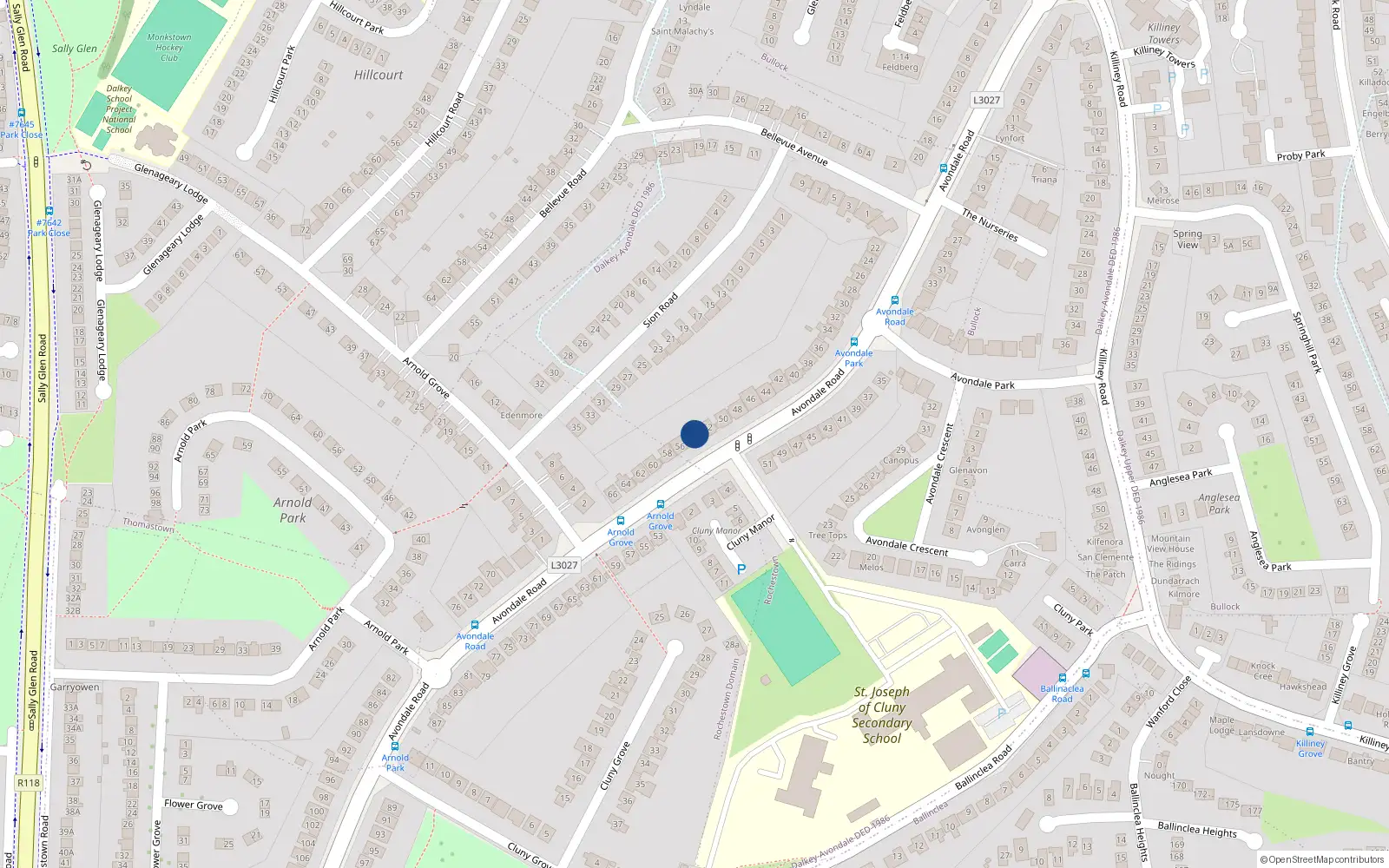 Overhead map showing the location of 56 Avondale Road, Killiney