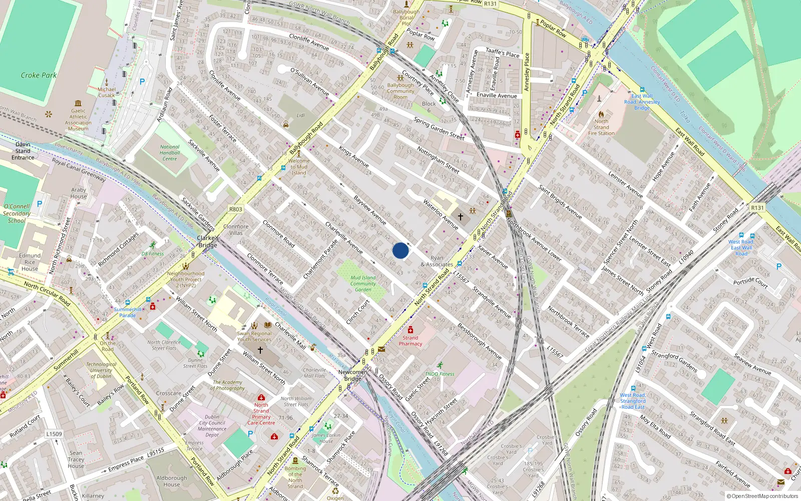 Overhead map showing the location of 56 Bayview Avenue, North Strand, Dublin
