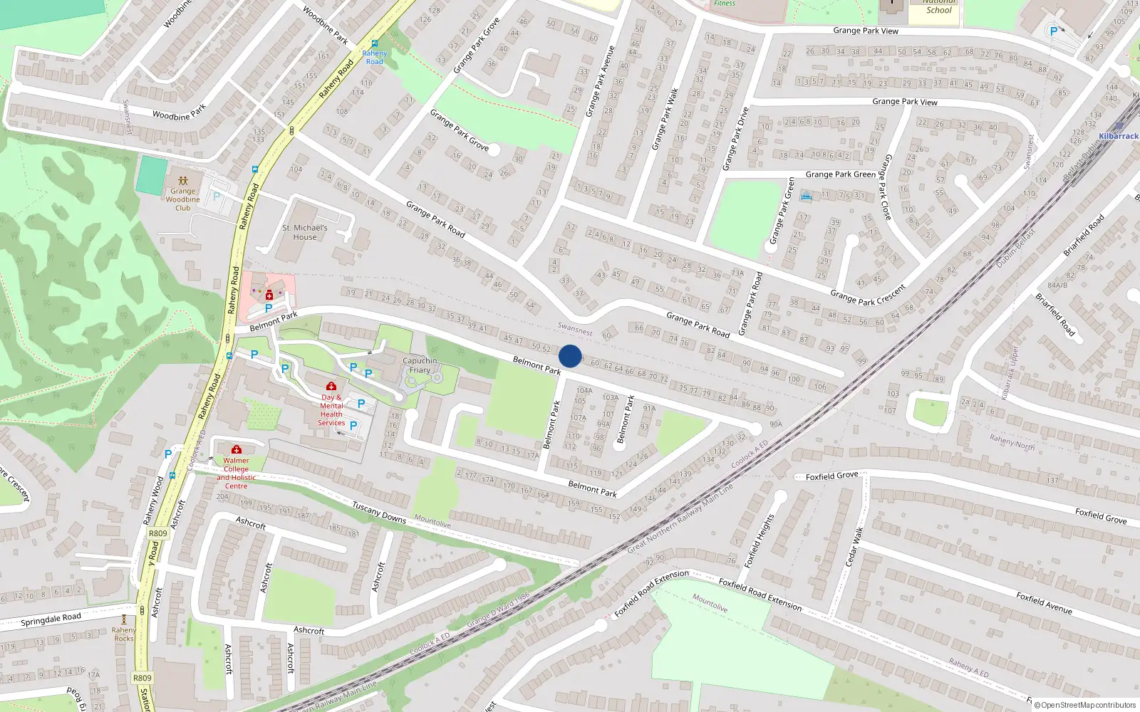 Overhead map showing the location of 56 Belmont Park, Raheny, Dublin 5