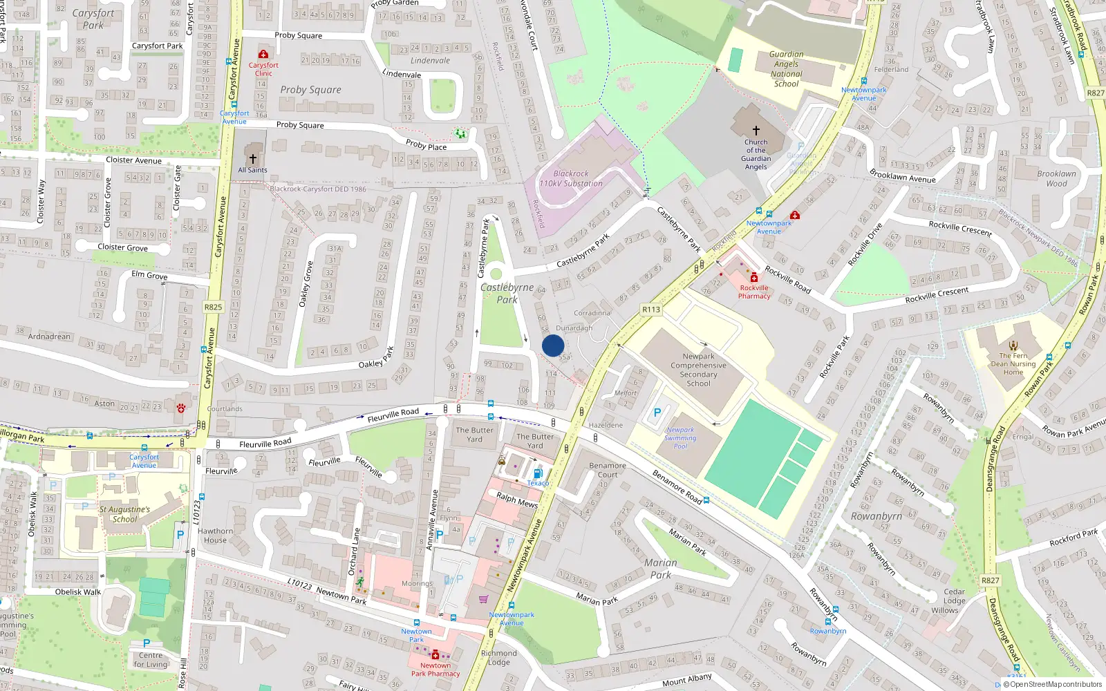 Overhead map showing the location of 56 Castlebyrne Park, Blackrock