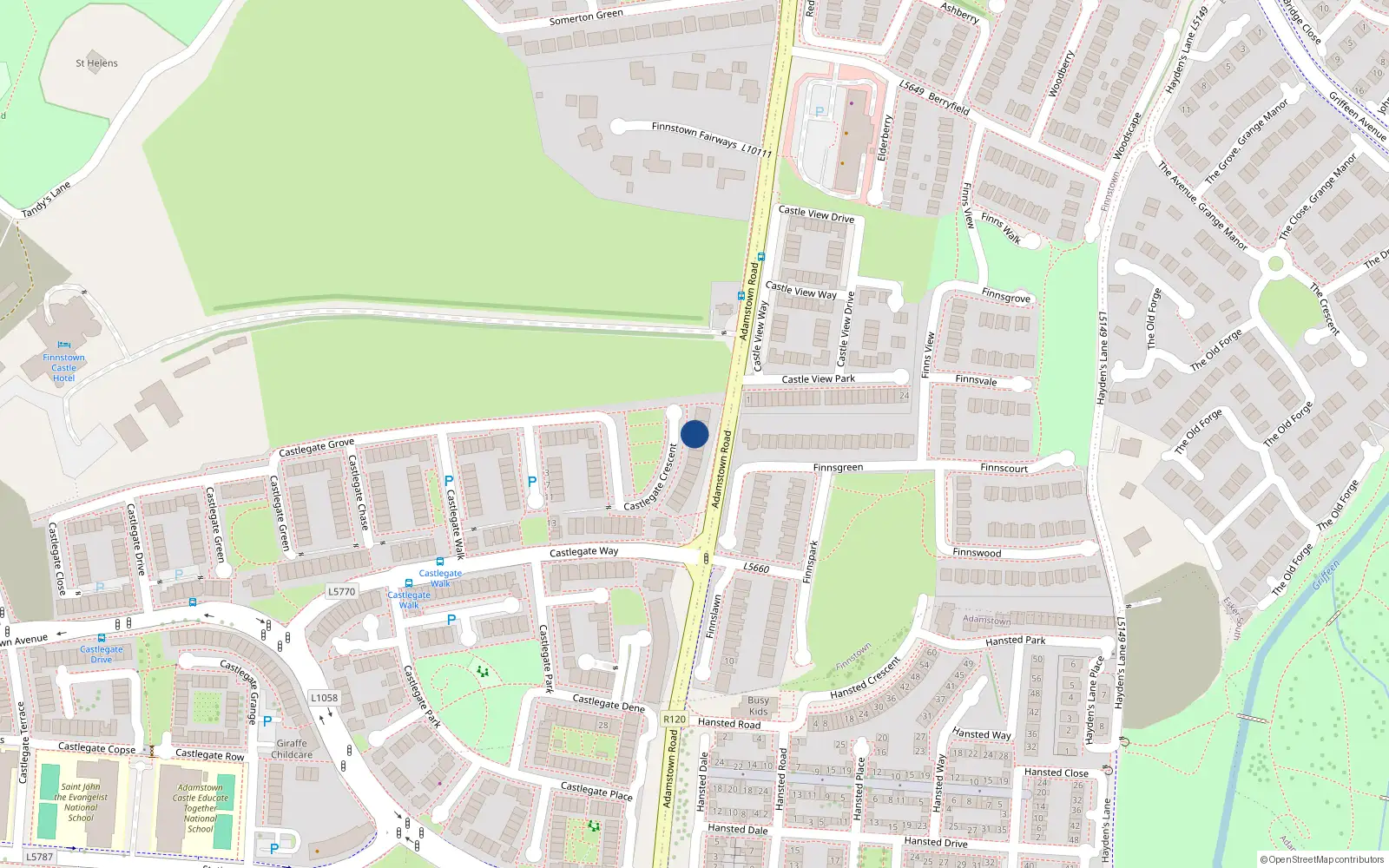 Overhead map showing the location of 56 Castlegate Crescent, Adamstown, Dublin
