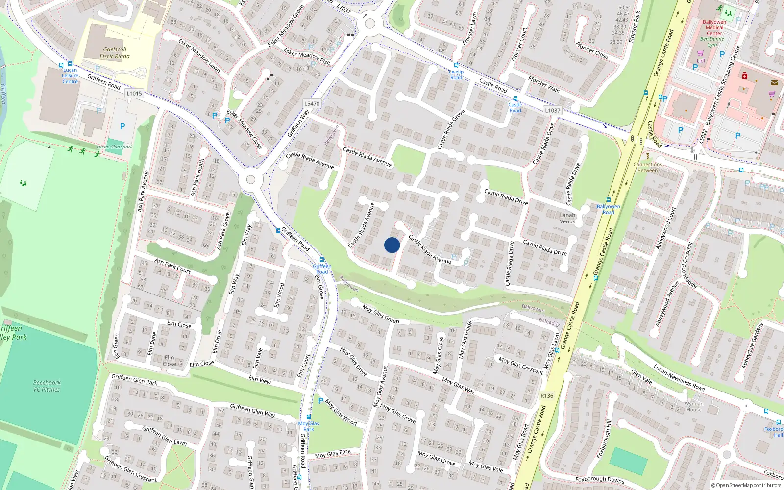 Overhead map showing the location of 56 Castleriada Avenue, Lucan, Dublin