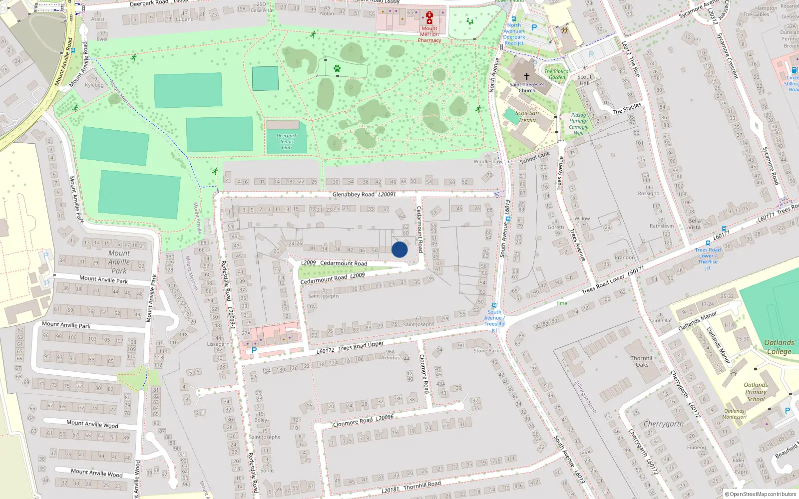 Overhead map showing the location of 56 Cedarmount Road, Mount Merrion, Co Dublin