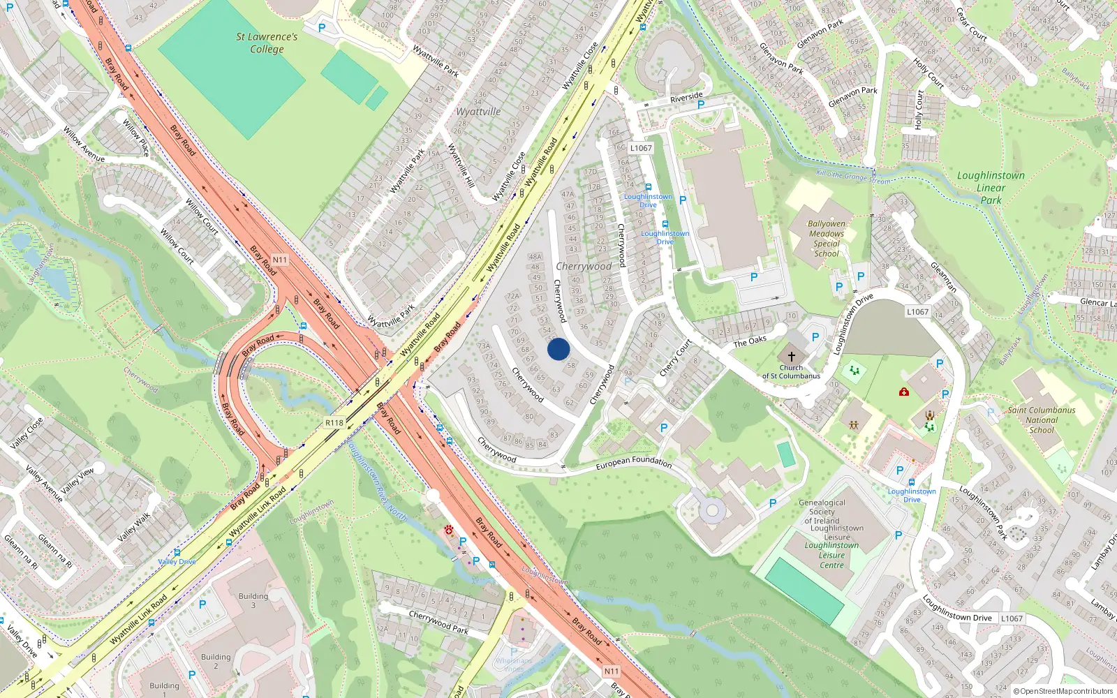 Overhead map showing the location of 56 Cherrywood, Dublin