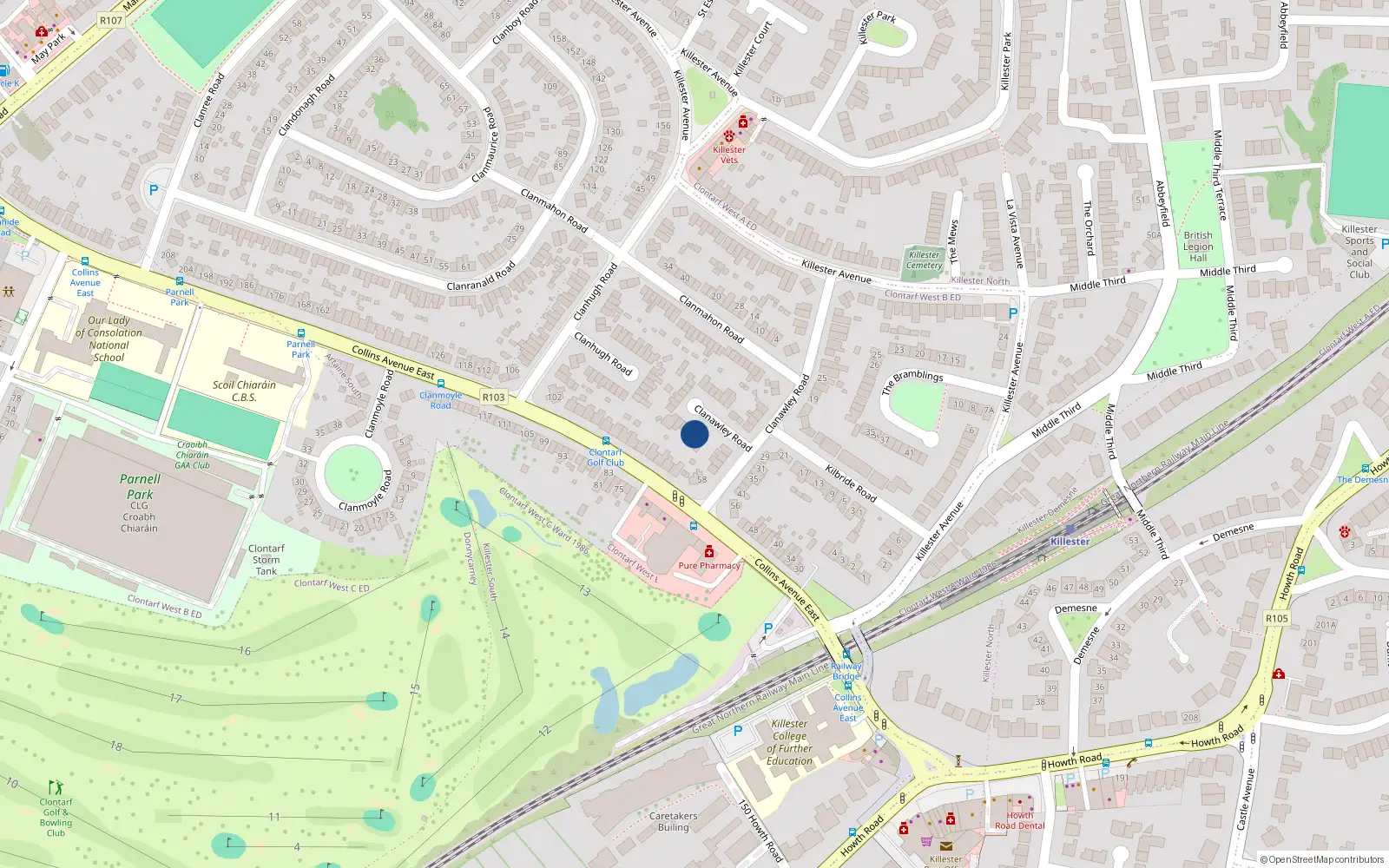Overhead map showing the location of 56 Clanawley Road, Dublin 5