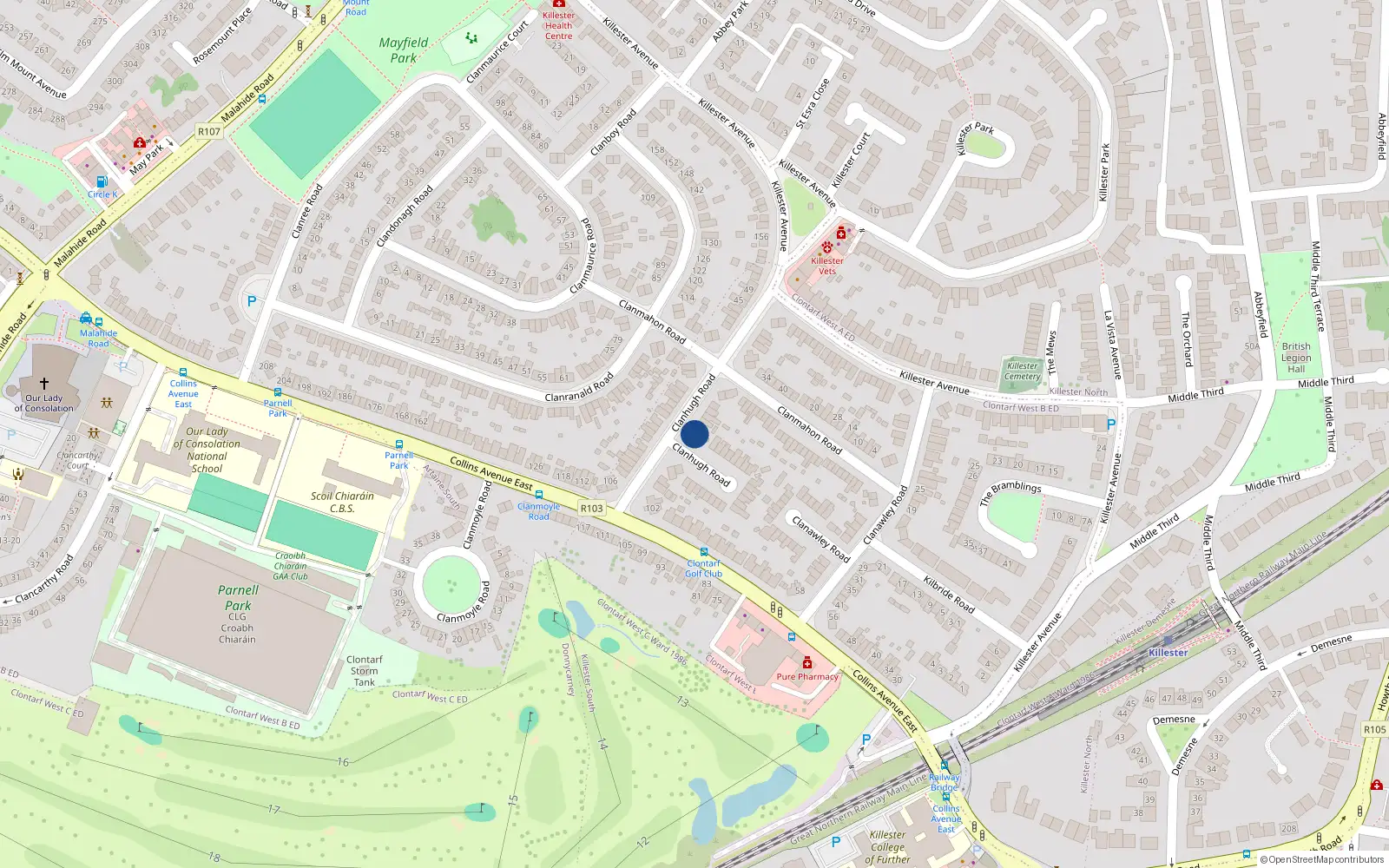 Overhead map showing the location of 56 Clanhugh Road, Donnycarney, Dublin