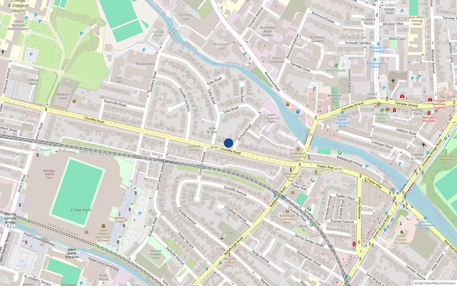 Overhead map showing the location of 56 Clonliffe Road, Drumcondra, Dublin