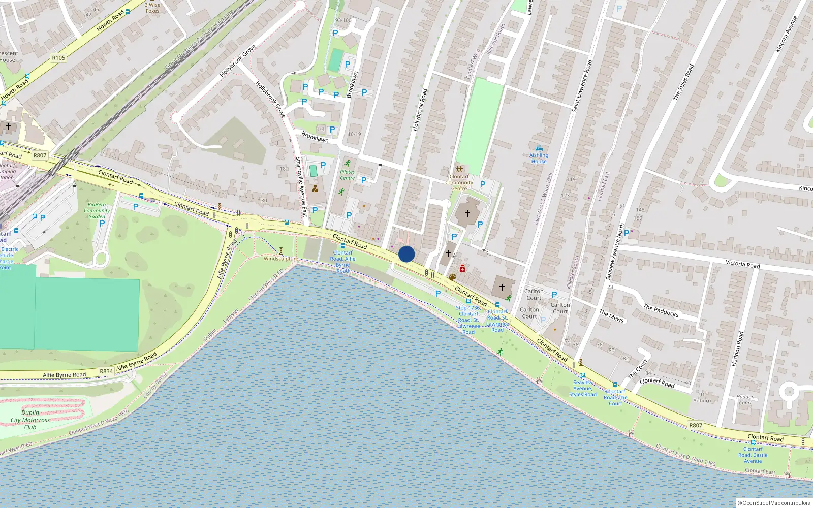 Overhead map showing the location of 56 Clontarf Road, Clontarf, Dublin