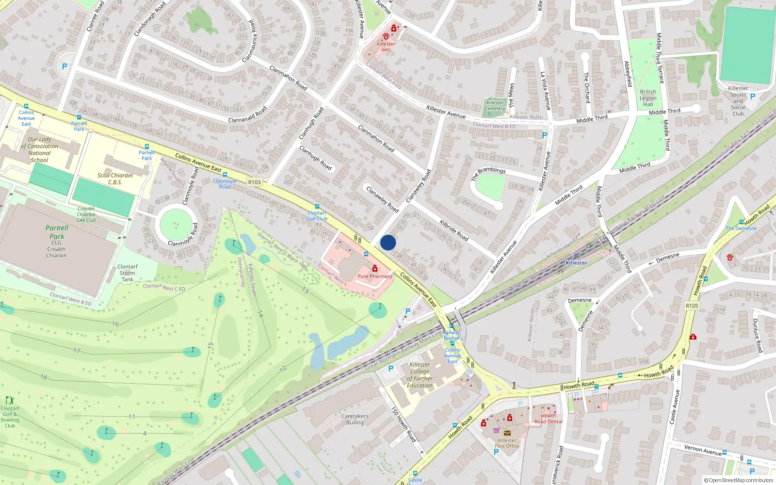 Overhead map showing the location of 56 Collins Avenue East, Donnycarney, Dublin 5