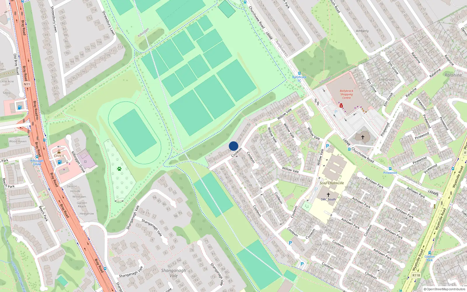 Overhead map showing the location of 56 Coolevin, Ballybrack, Dublin