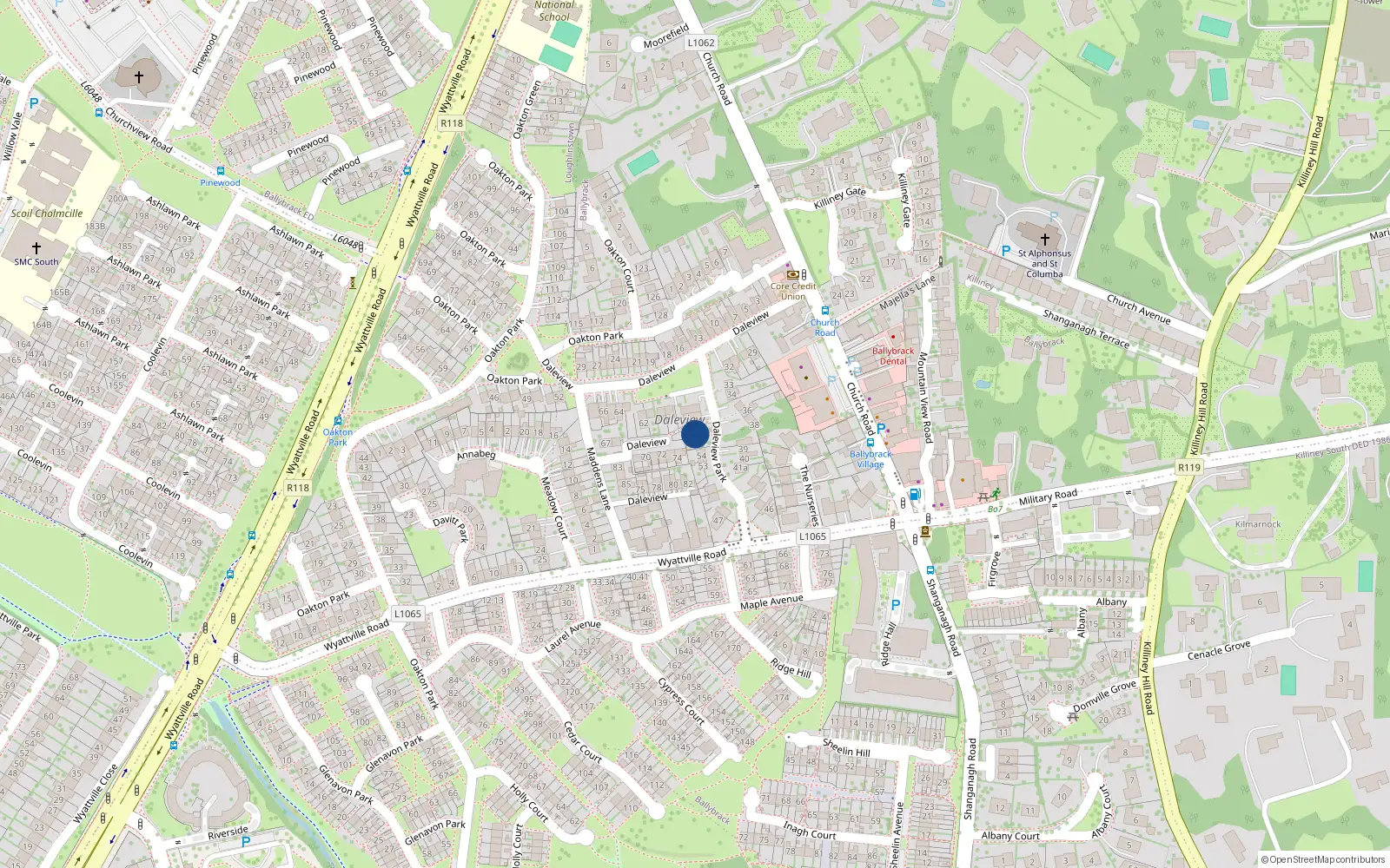 Overhead map showing the location of 56 Daleview Park, Ballybrack, Dublin