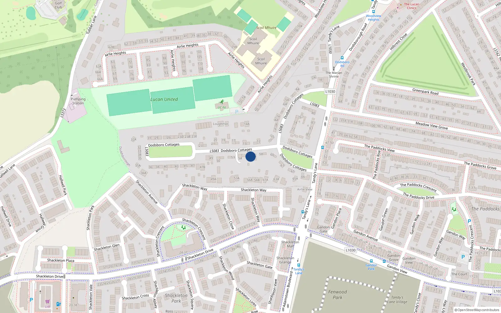 Overhead map showing the location of 56 Dodsborough Cottages, Lucan