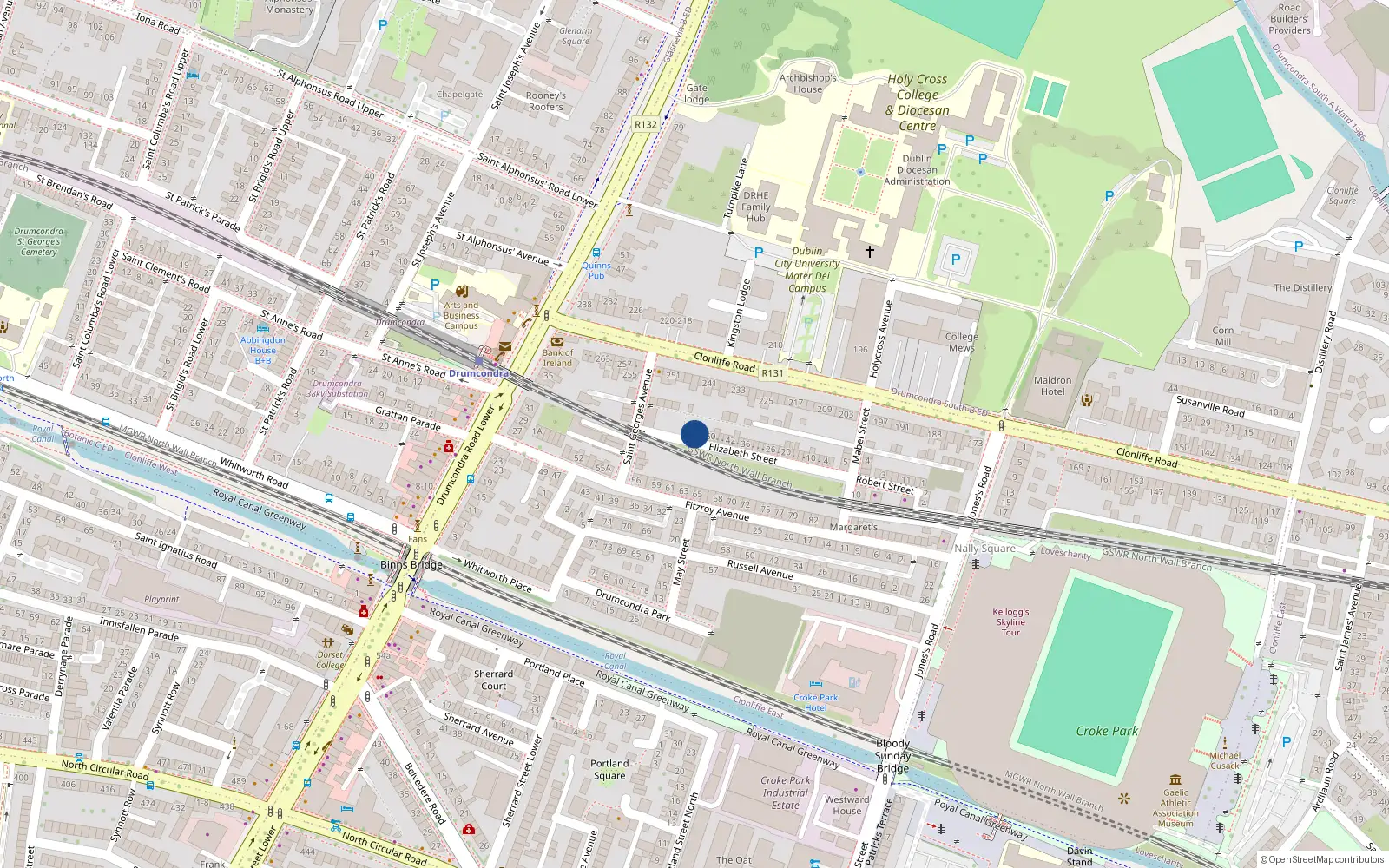 Overhead map showing the location of 56 Elizabeth St, Drumcondra, Dublin 3