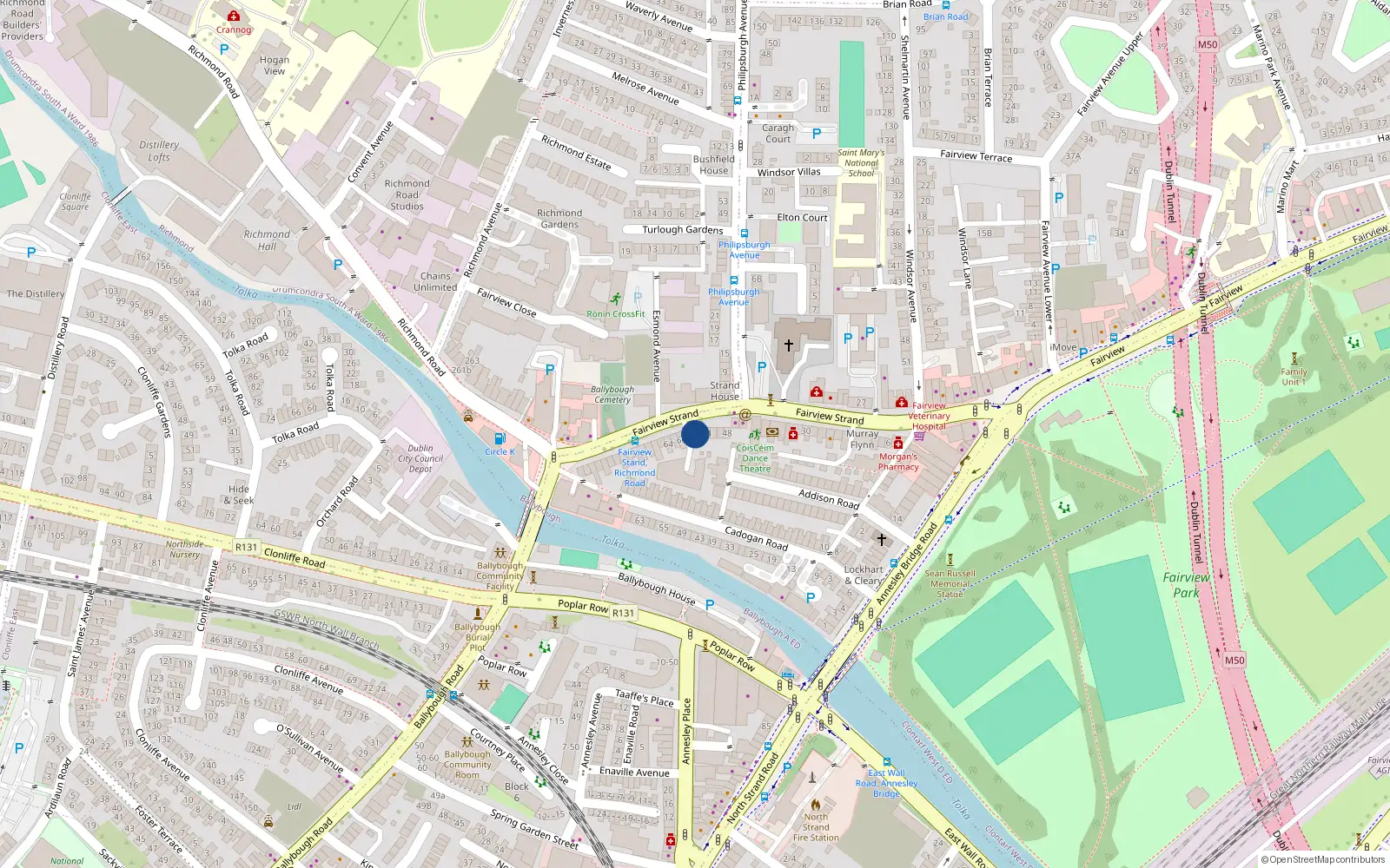 Overhead map showing the location of 56 Fairview Strand, Fairview, Dublin 3
