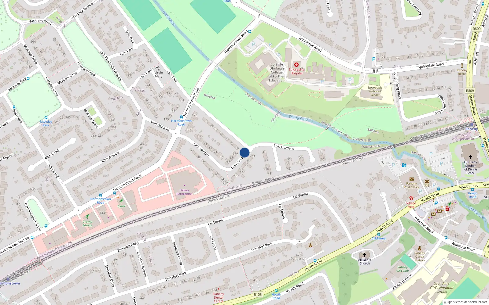 Overhead map showing the location of 56 Lein Gardens, Dublin