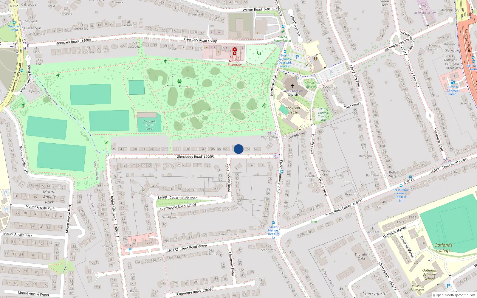 Overhead map showing the location of 56 Glenabbey Road, Mount Merrion, Dublin