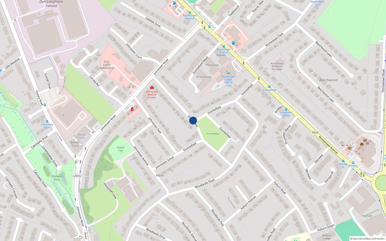 Overhead map showing the location of 56 Granitefield, Dún Laoghaire