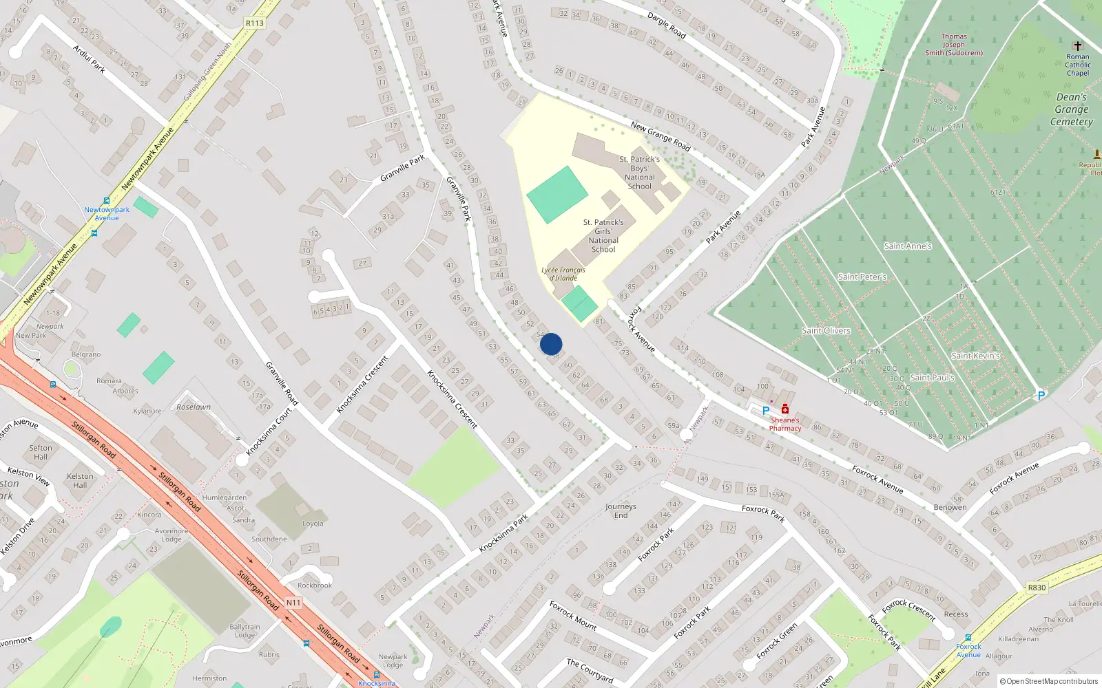 Overhead map showing the location of 56 Granville Park, Blackrock