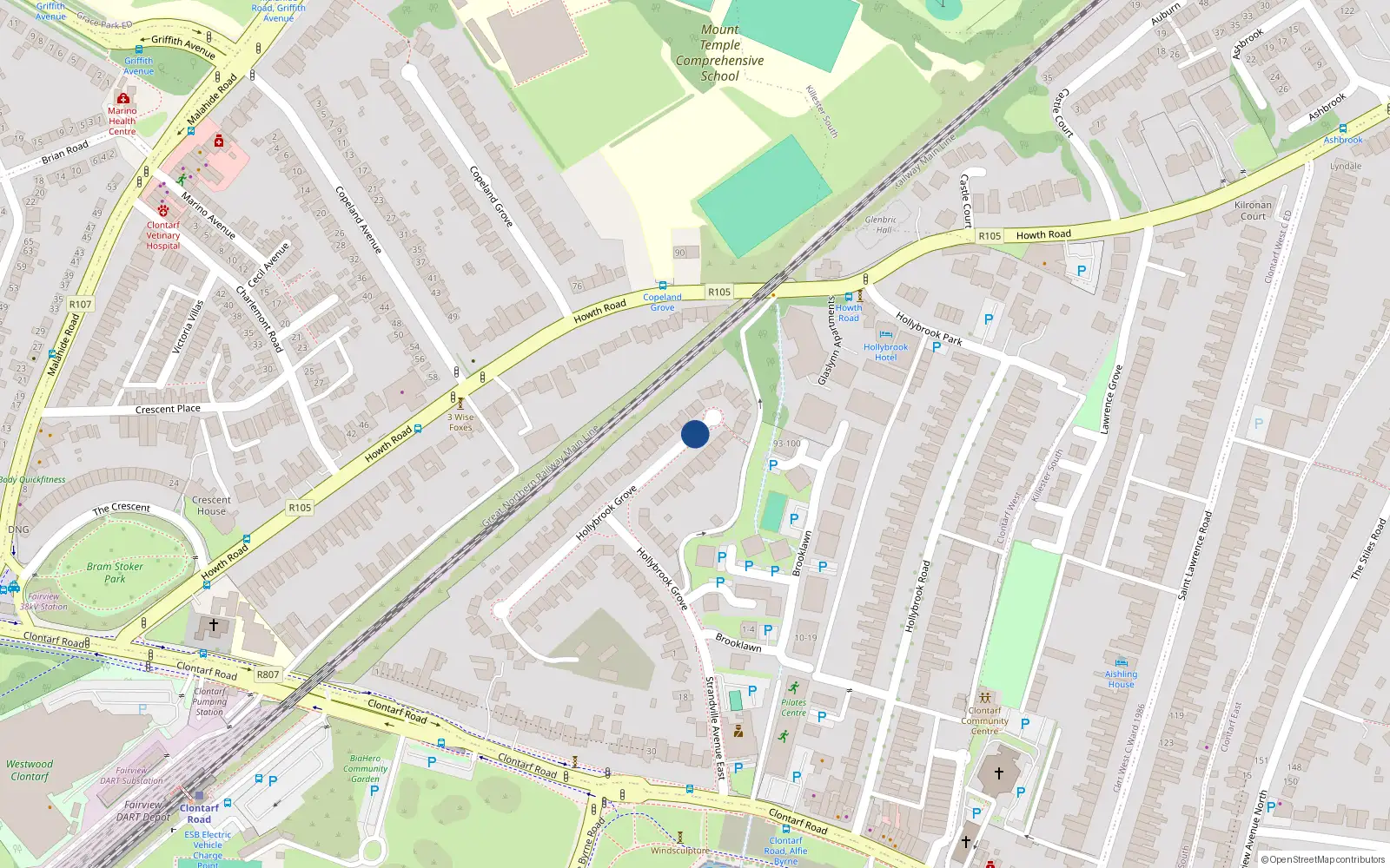 Overhead map showing the location of 56 Hollybrook Grove, Dublin