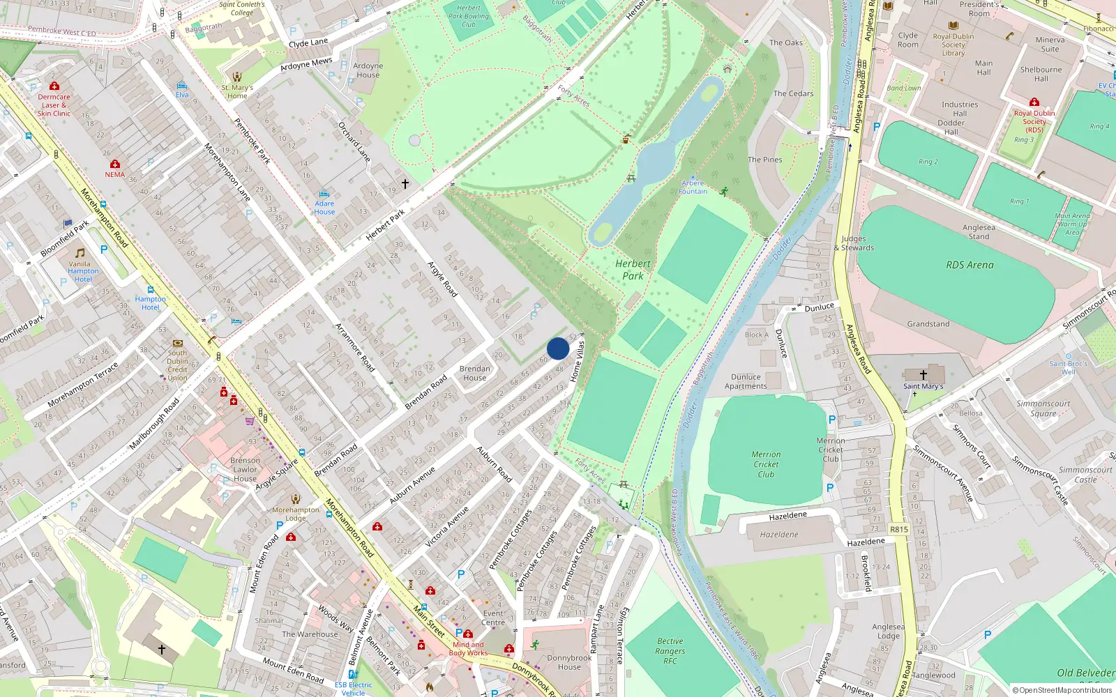 Overhead map showing the location of 56 Home Villas, Dublin 4