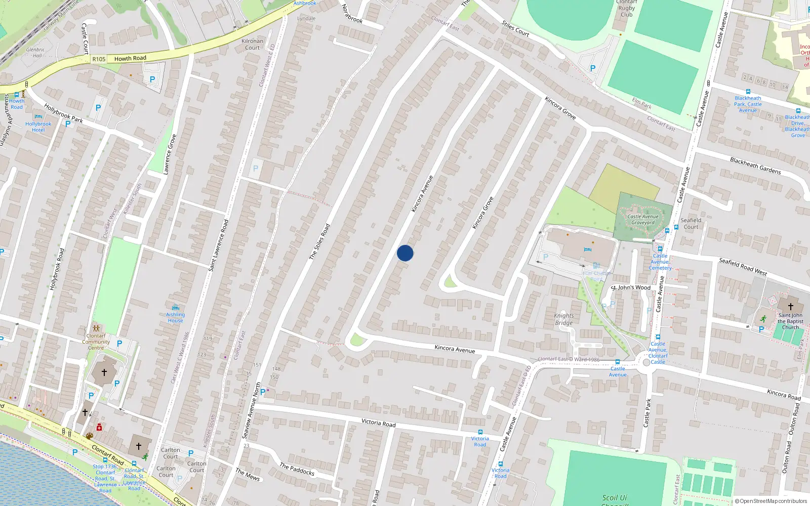 Overhead map showing the location of 56 Kincora Avenue, Clontarf, Dublin 3