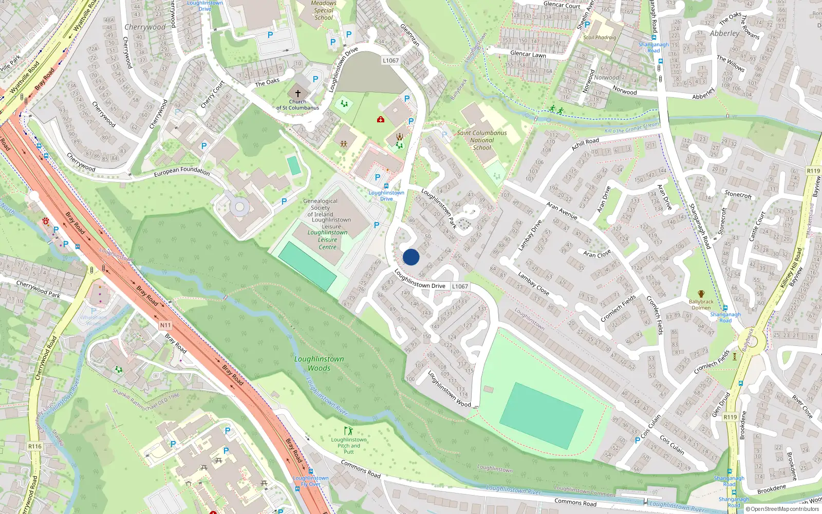 Overhead map showing the location of 56, 56 Loughlinstown Park, Loughlinstown