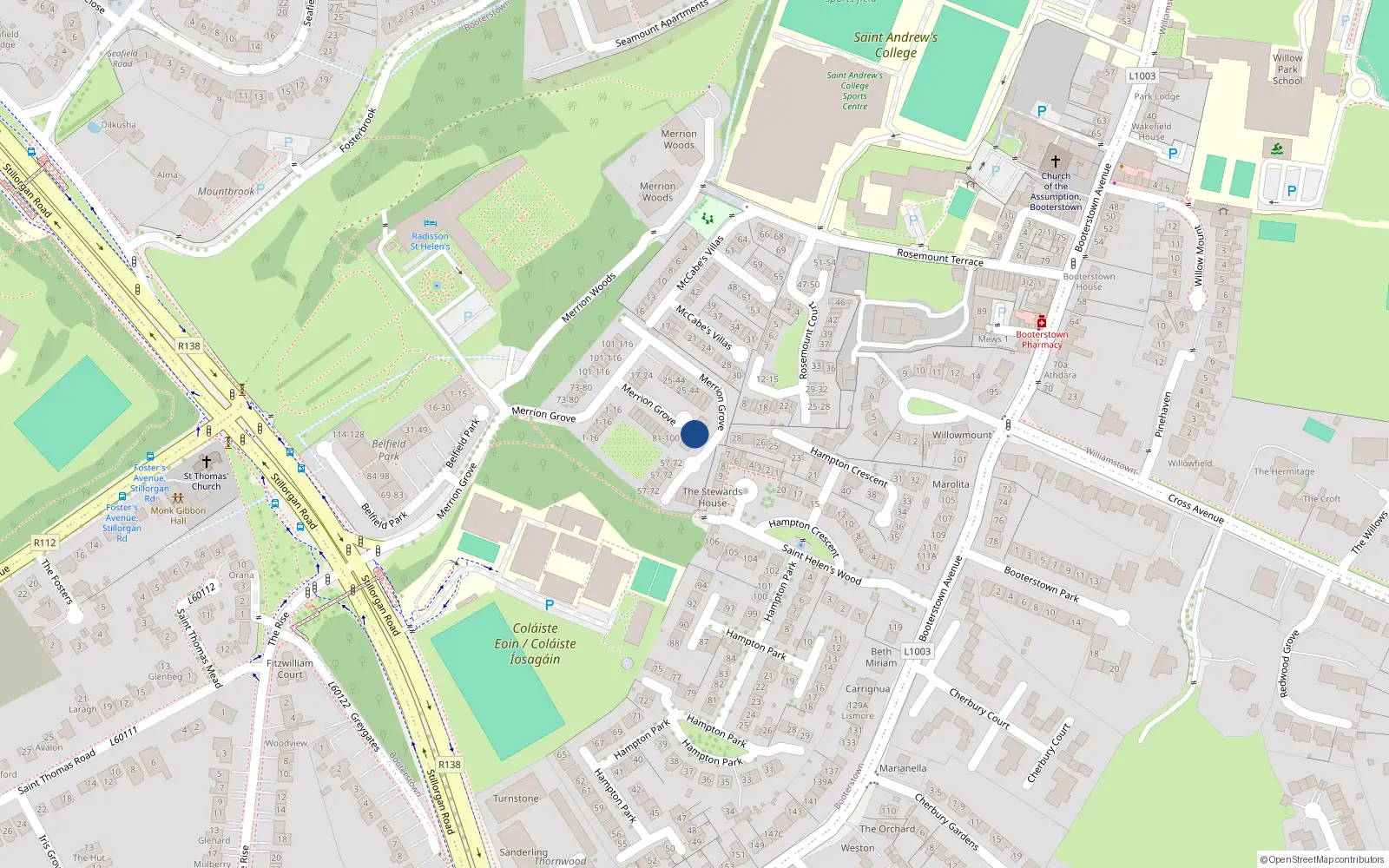 Overhead map showing the location of 45-56 Merrion Grove, Booterstown