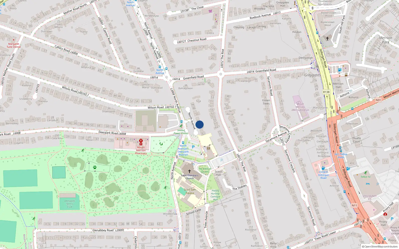 Overhead map showing the location of 56 North Avenue, Mount Merrion, Dublin