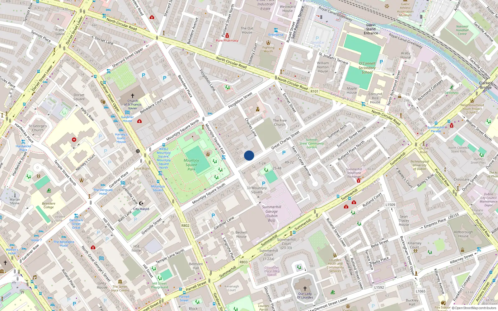 Overhead map showing the location of 56 North Great Charles St, Dublin 1, Dublin