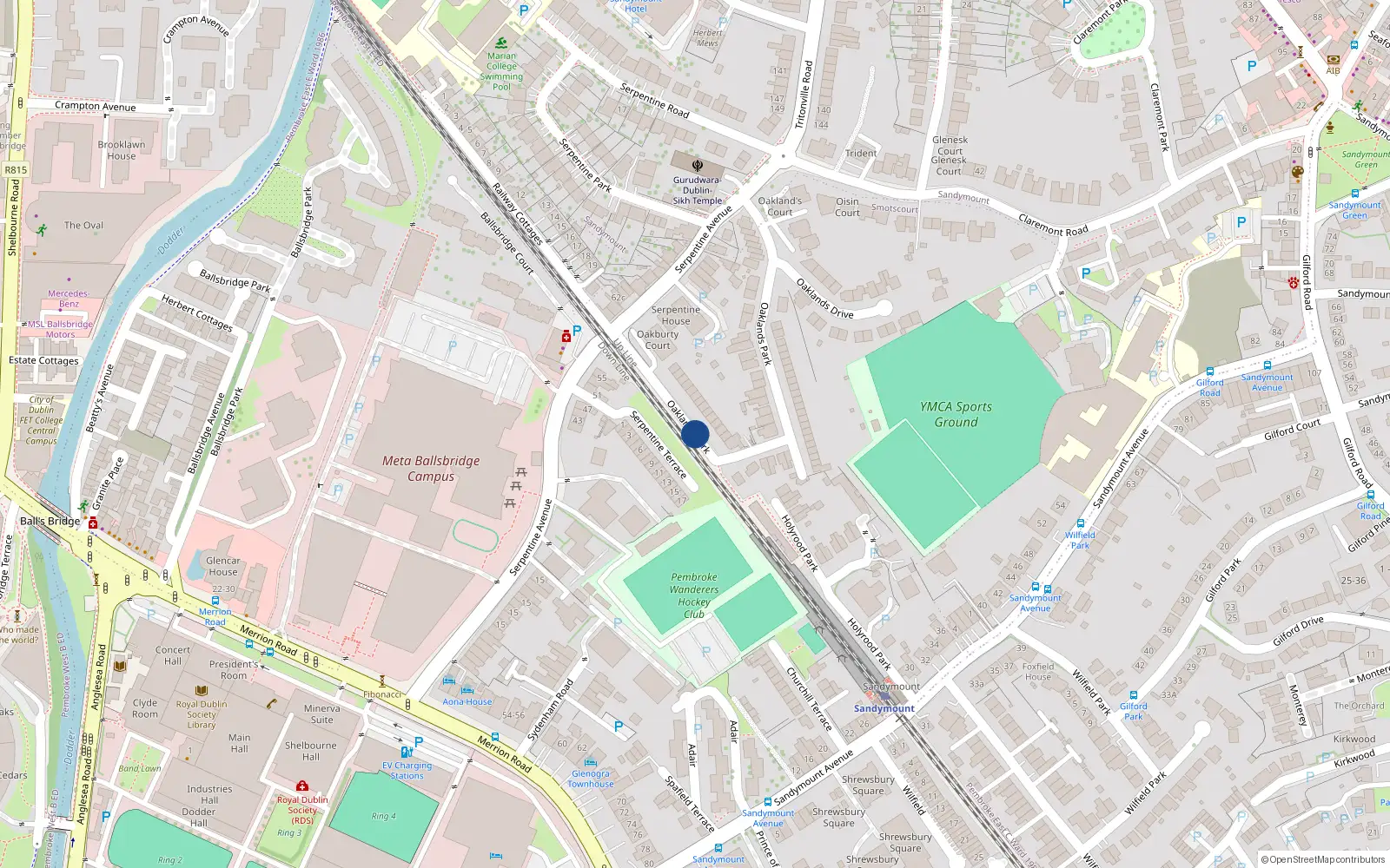 Overhead map showing the location of 56 Oaklands Park, Dublin 4