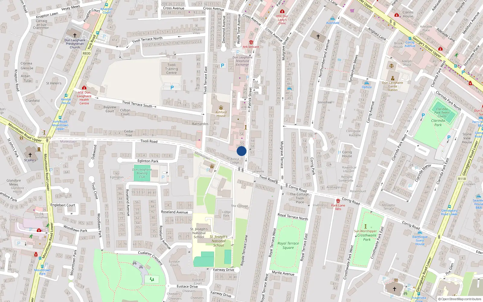 Overhead map showing the location of 56 Patrick St, Dun Laoghaire, Co Dublin