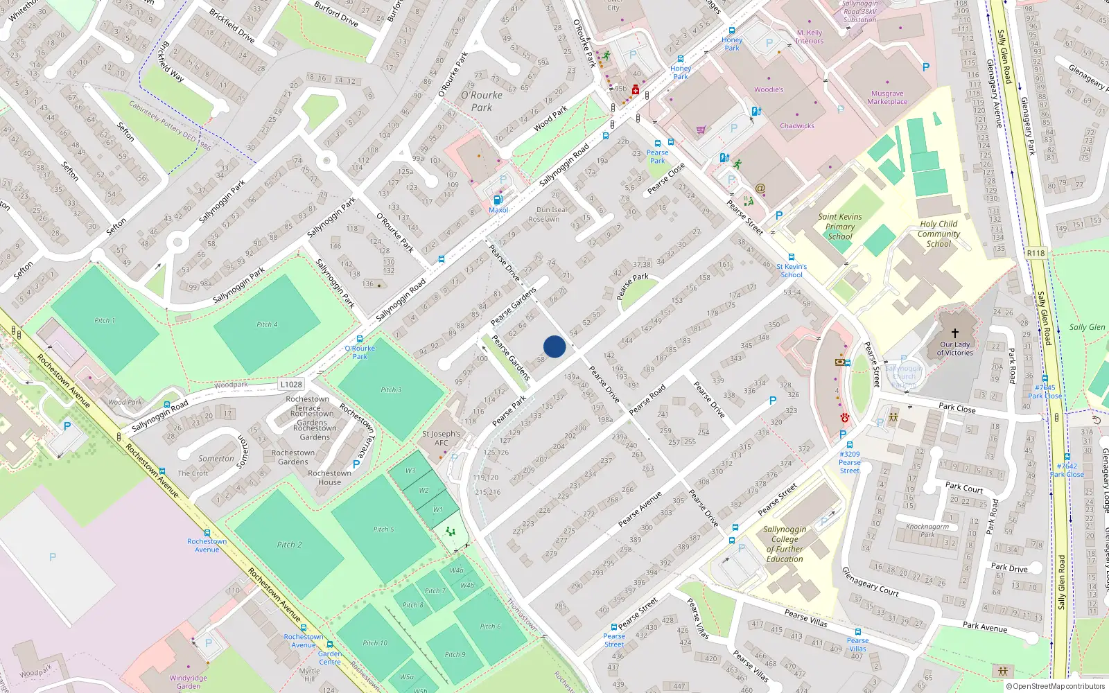 Overhead map showing the location of 56 Pearse Park, Sallynoggin