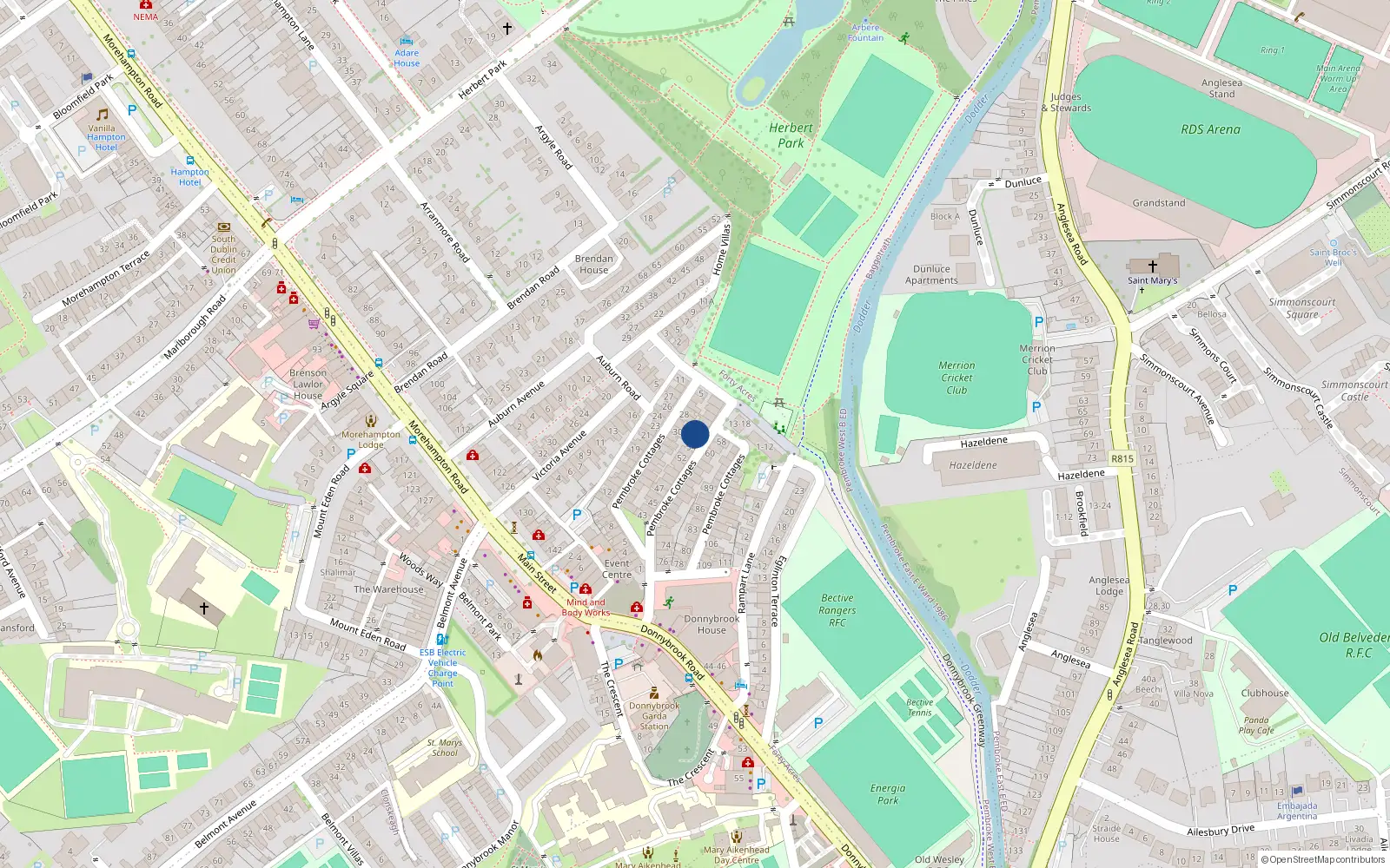 Overhead map showing the location of 56 Pembroke Cottages, Dublin 4