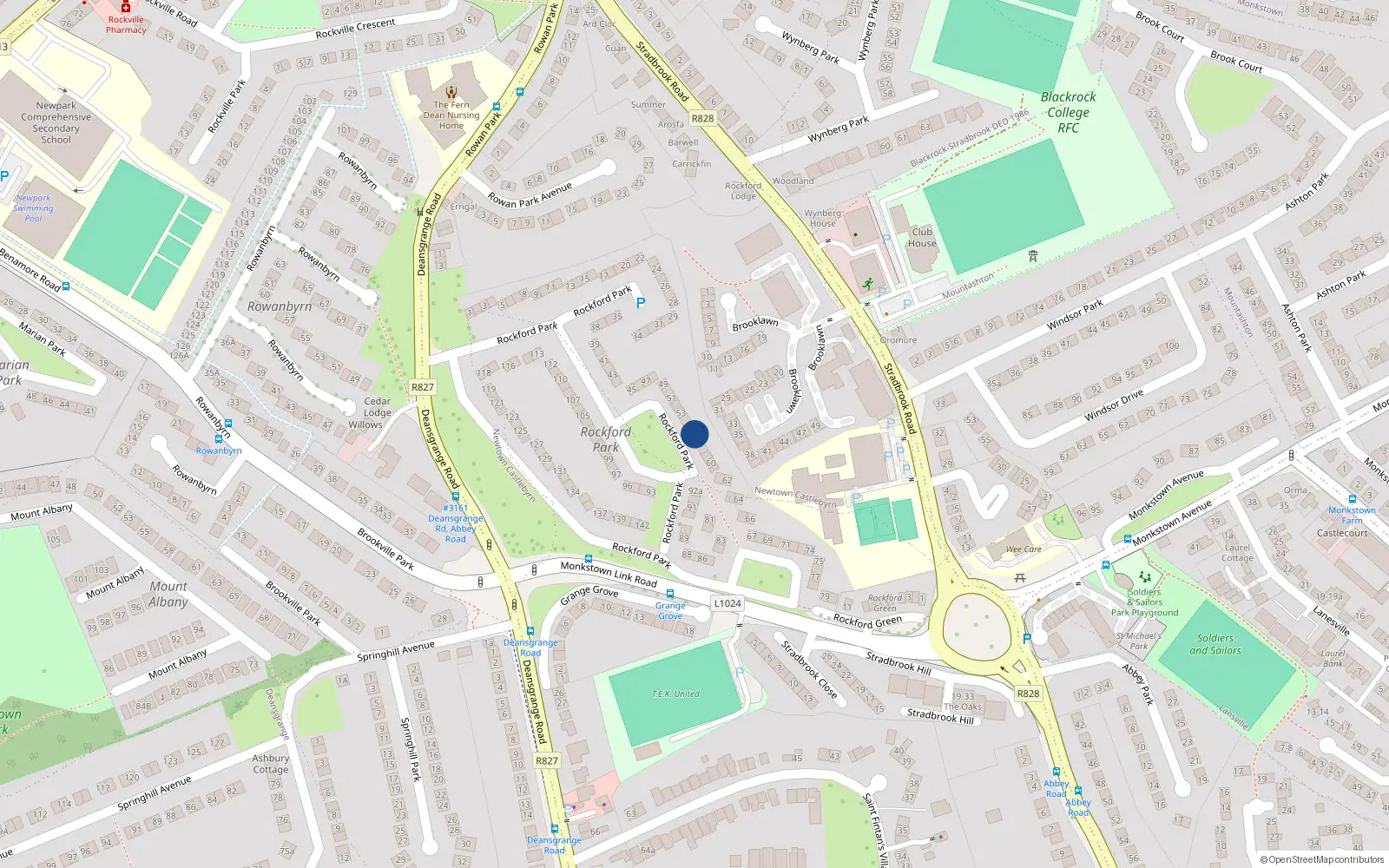Overhead map showing the location of 56 Rockford Park, Blackrock