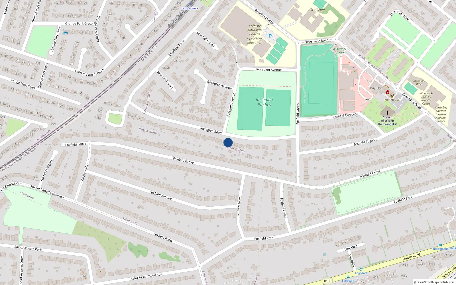 Overhead map showing the location of 56 Roseglen Road, Dublin 5